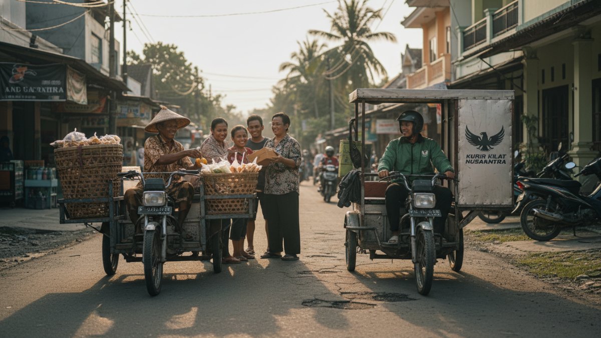 Pemanfaatan kendaraan roda tiga untuk jualan keliling dan layanan kurir lokal.