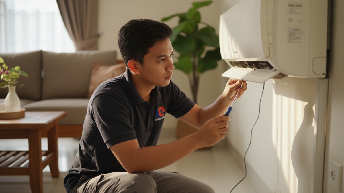Proses membuka penutup AC dengan obeng secara hati-hati.