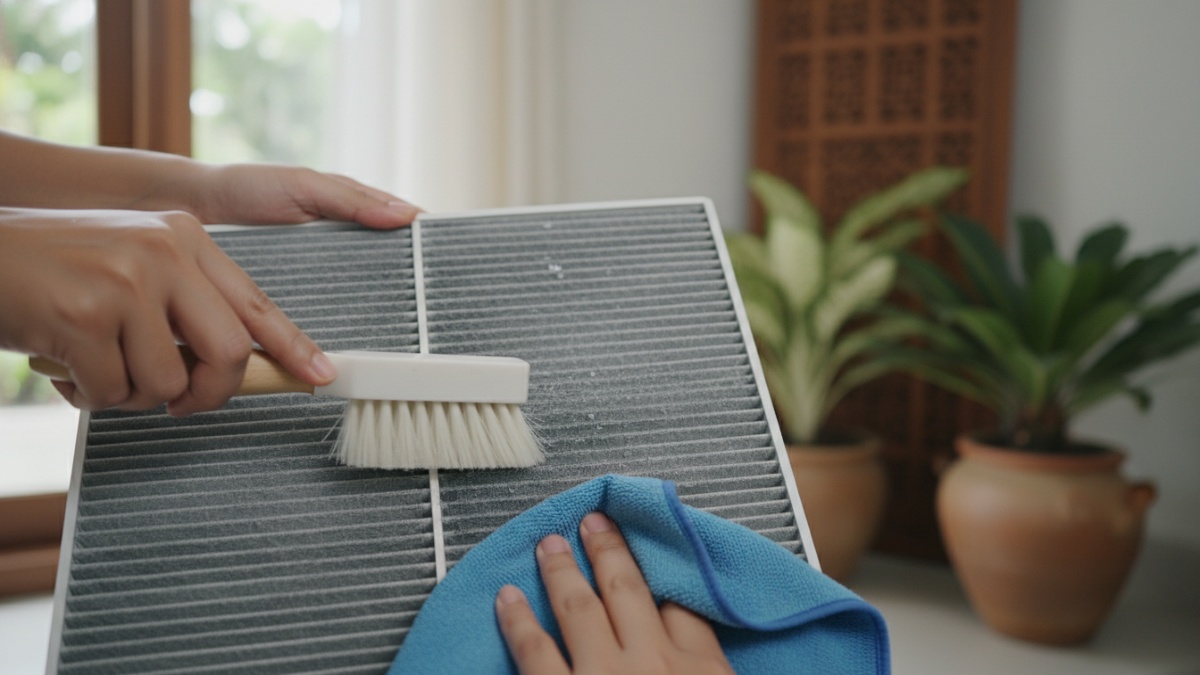 Membersihkan filter menggunakan sikat lembut dan lap lembap.
