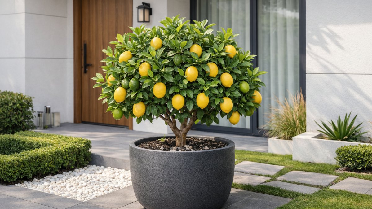 Lemon mini tabulampot yang bikin halaman kecil rumah minimalis modern tetap produktif dan rapi.
