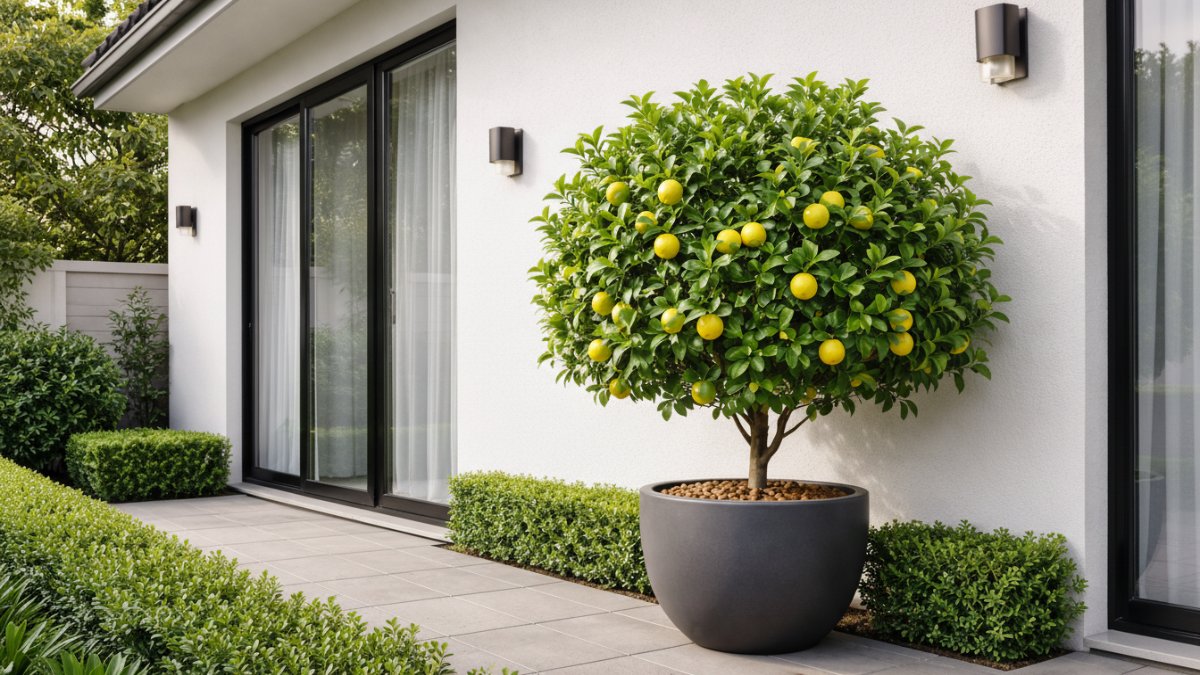 Lemon mini tabulampot di dekat dinding rumah minimalis.