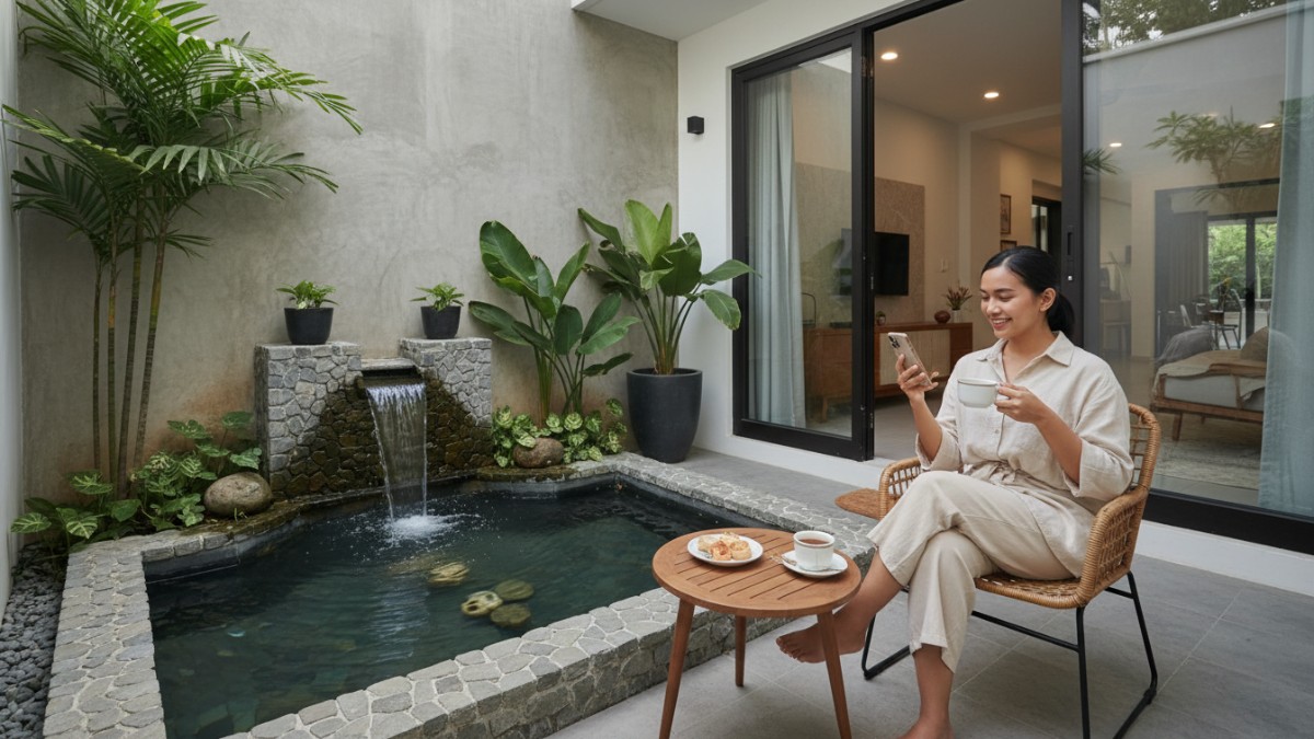 Kolam kcil di teras rumah yang membuat suasana tanang dan nyaman