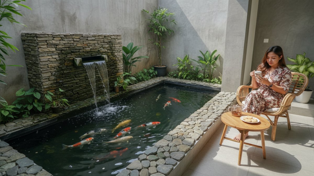 Kolam ikan dengan batu alami untuk memberi kesan natural