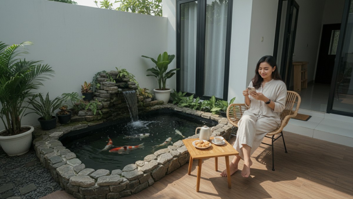 Kolam ikan di teras searah pintu masuk keluar rumah