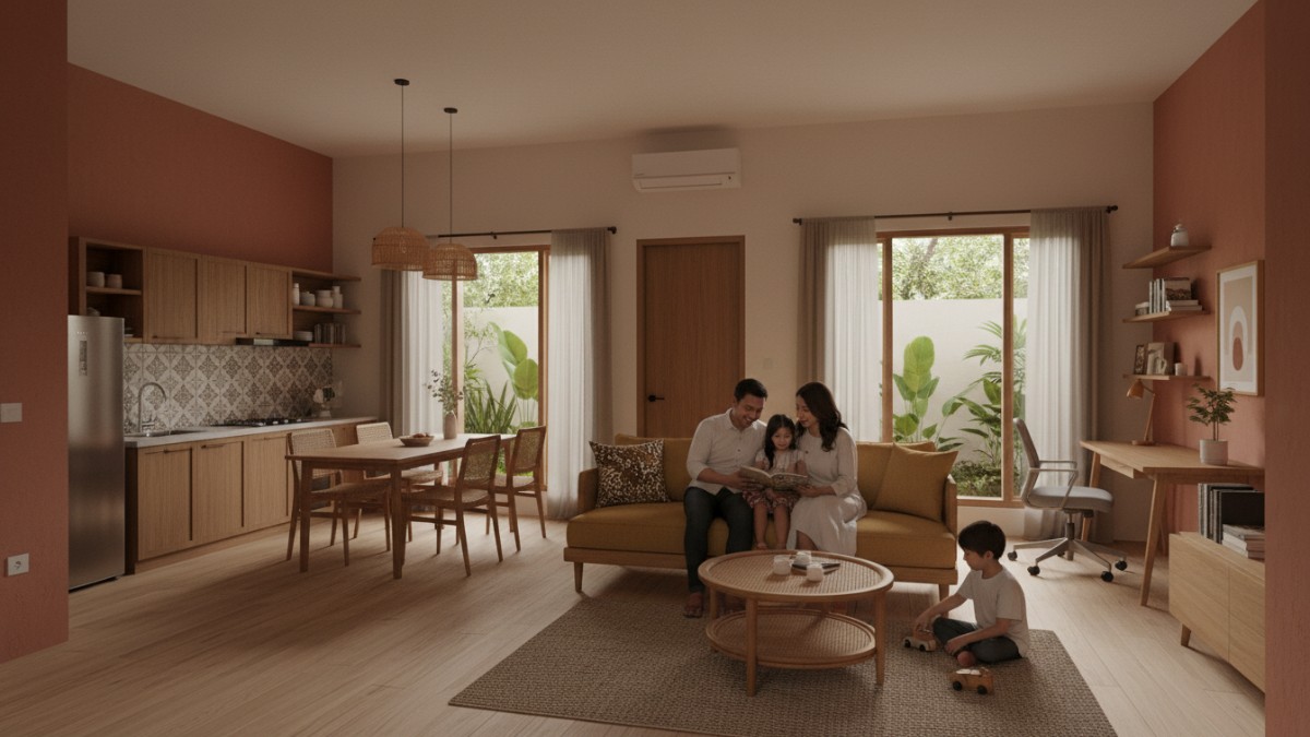 Ruang Keluarga dengan warna bumi memberi suasana hangat dengan tata letak furnitur yang ideal