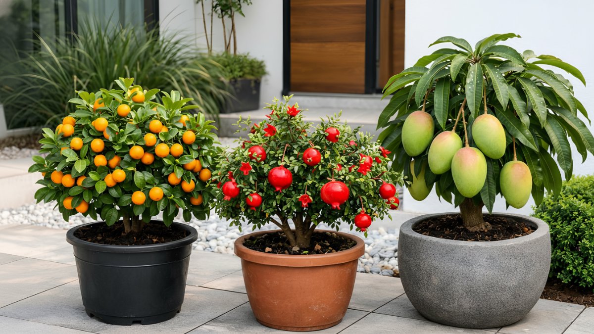 Tanaman buah mini tertata rapi di halaman rumah minimalis modern.