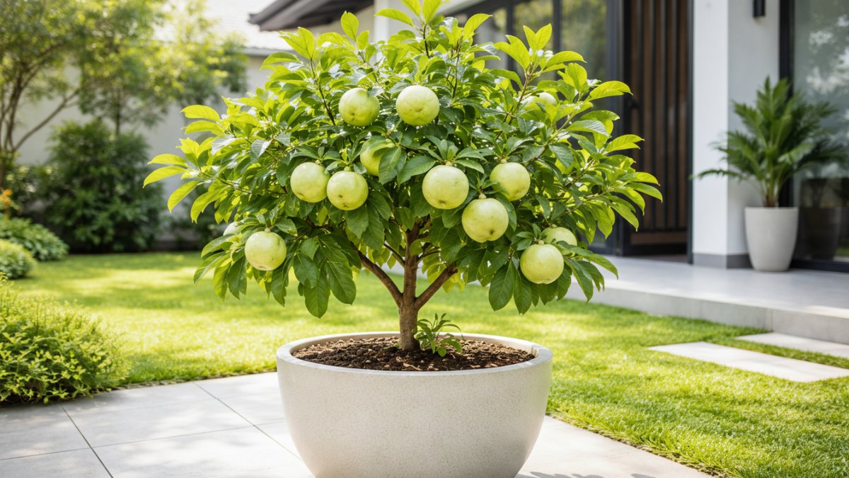 Jambu kristal mini dalam pot di halaman rumah minimalis modern.