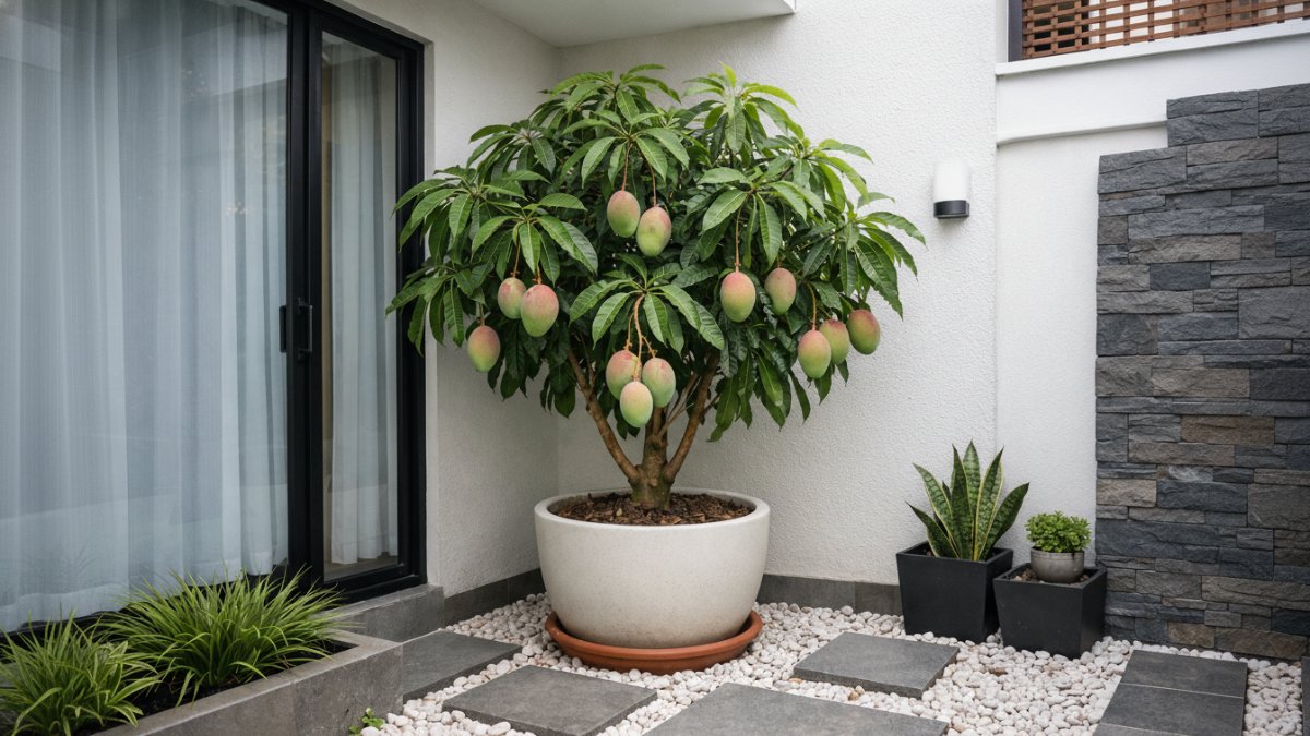 Mangga tabulampot tumbuh rapi di sudut halaman sempit rumah minimalis modern.
