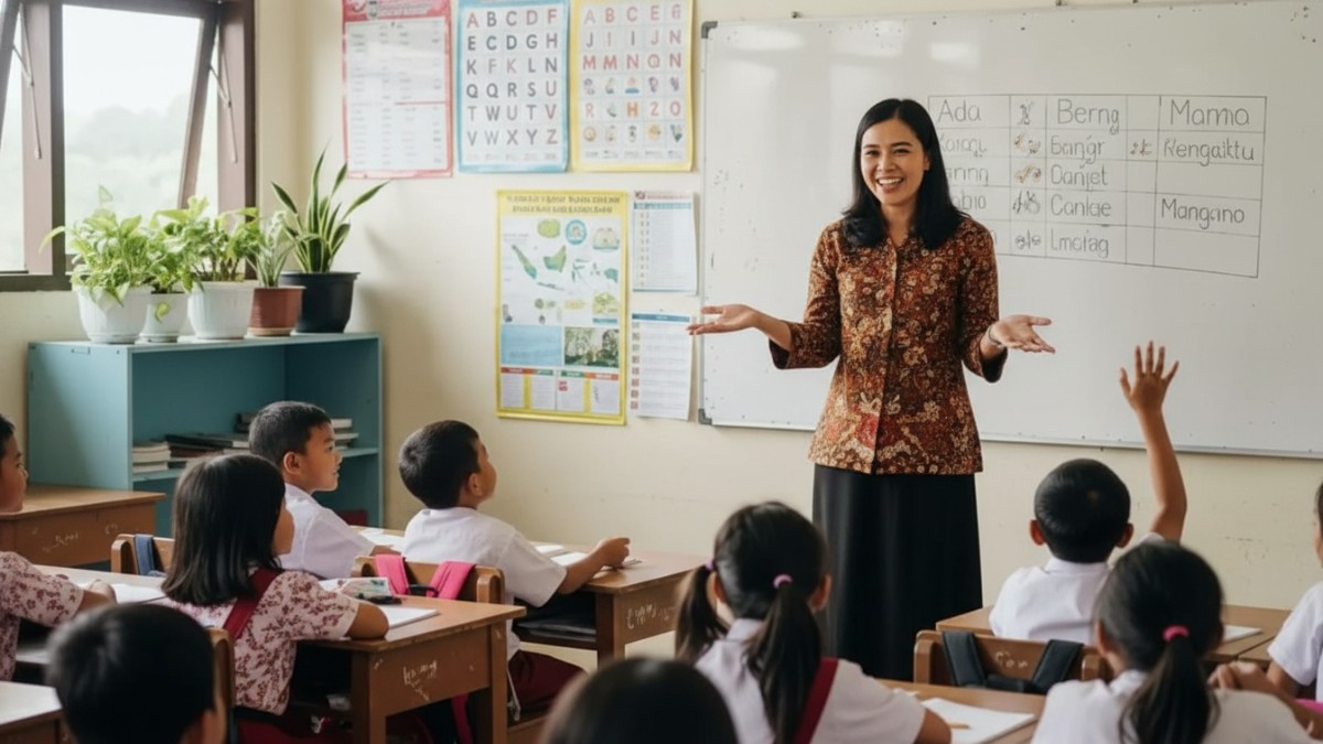 Guru non ASN mengajar siswa dalam kegiatan belajar mengajar di ruang kelas sekolah dasar.