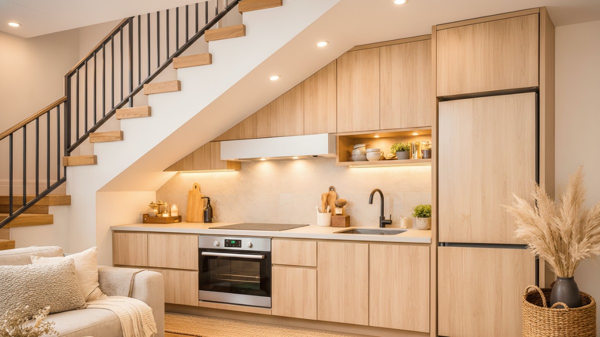 Dapur minimalis di bawah tangga dengan desain modern dan pencahayaan hangat yang menyatu dengan interior rumah.