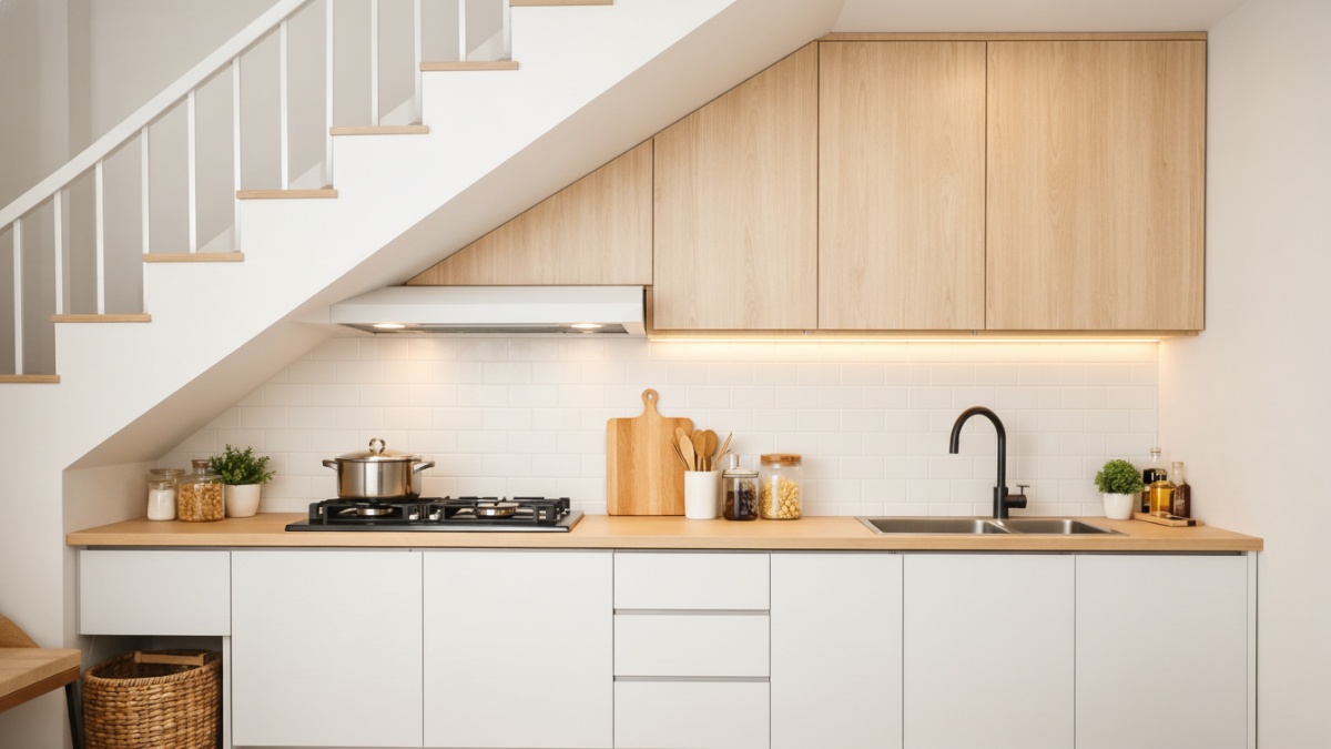 Dapur minimalis di bawah tangga model linear satu sisi.