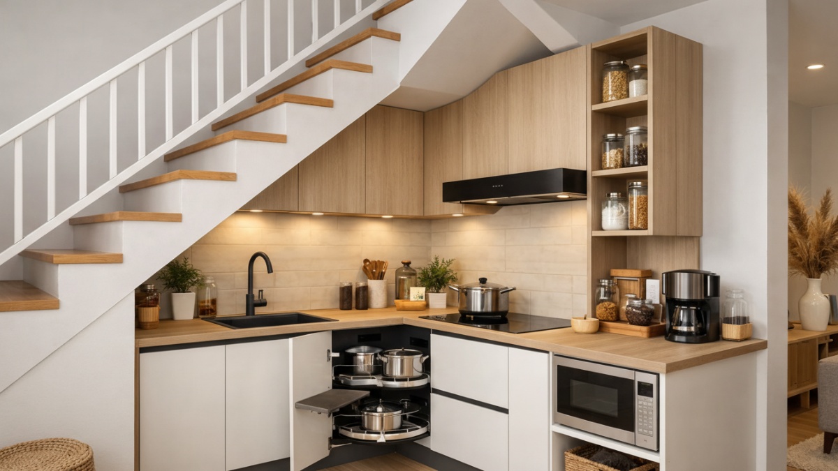 Dapur minimalis di bawah tangga berbentuk L mikro.
