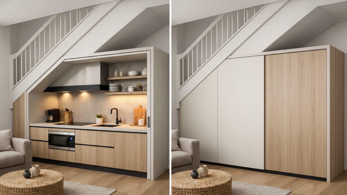 Dapur minimalis di bawah tangga model tertutup dengan panel geser.