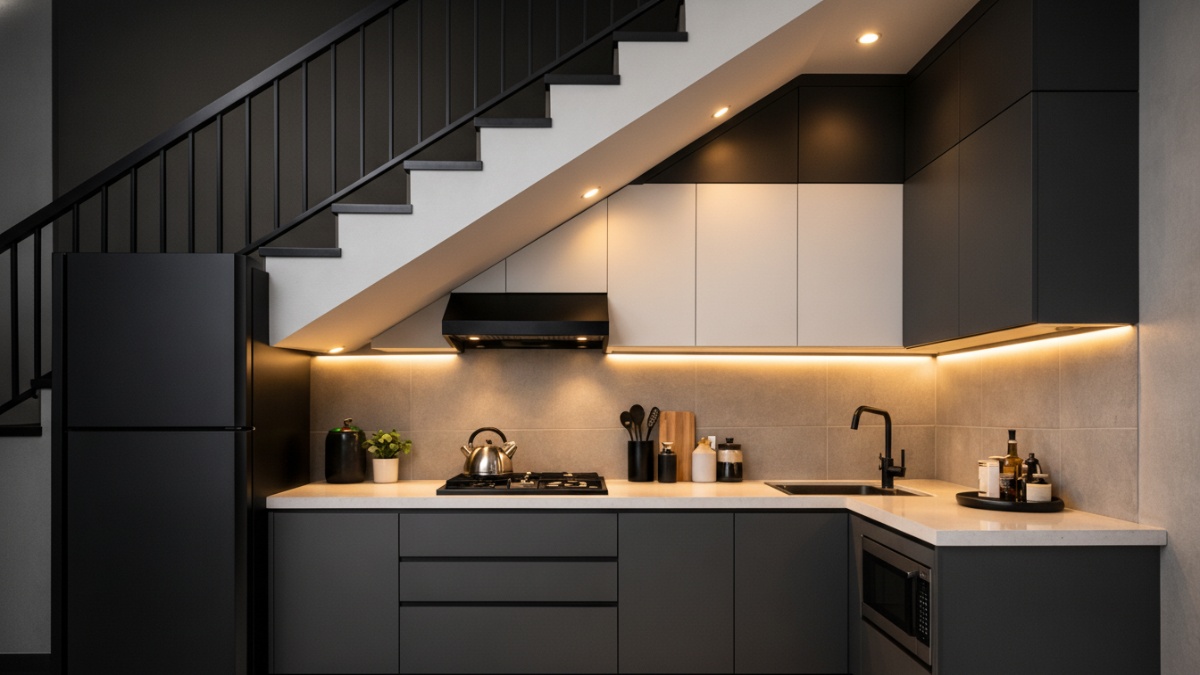 Dapur minimalis di bawah tangga model monokrom modern.
