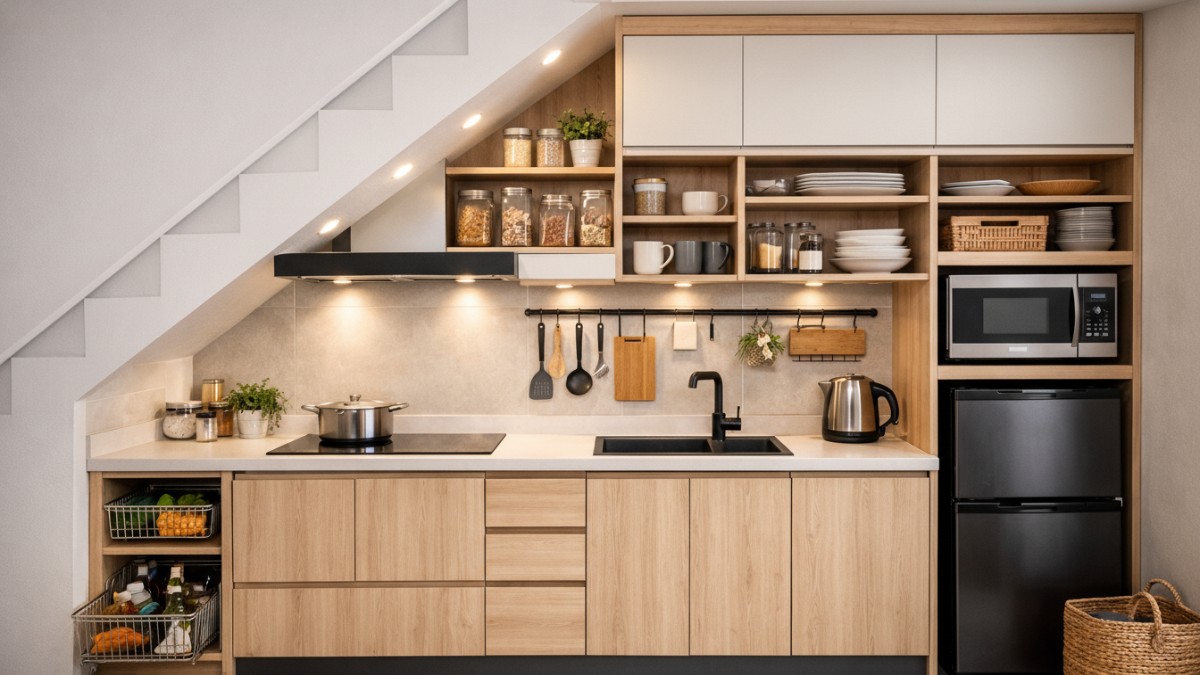 Dapur minimalis di bawah tangga dengan sistem modular.