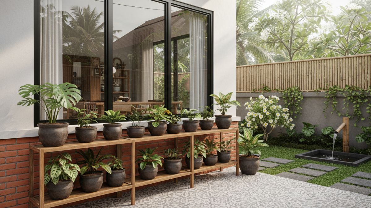 Deretan pot tanaman hijau tertata rapi di bawah jendela rumah modern.