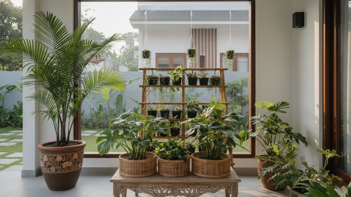 Kombinasi pot netral dan daun hijau menciptakan kesan seimbang.
