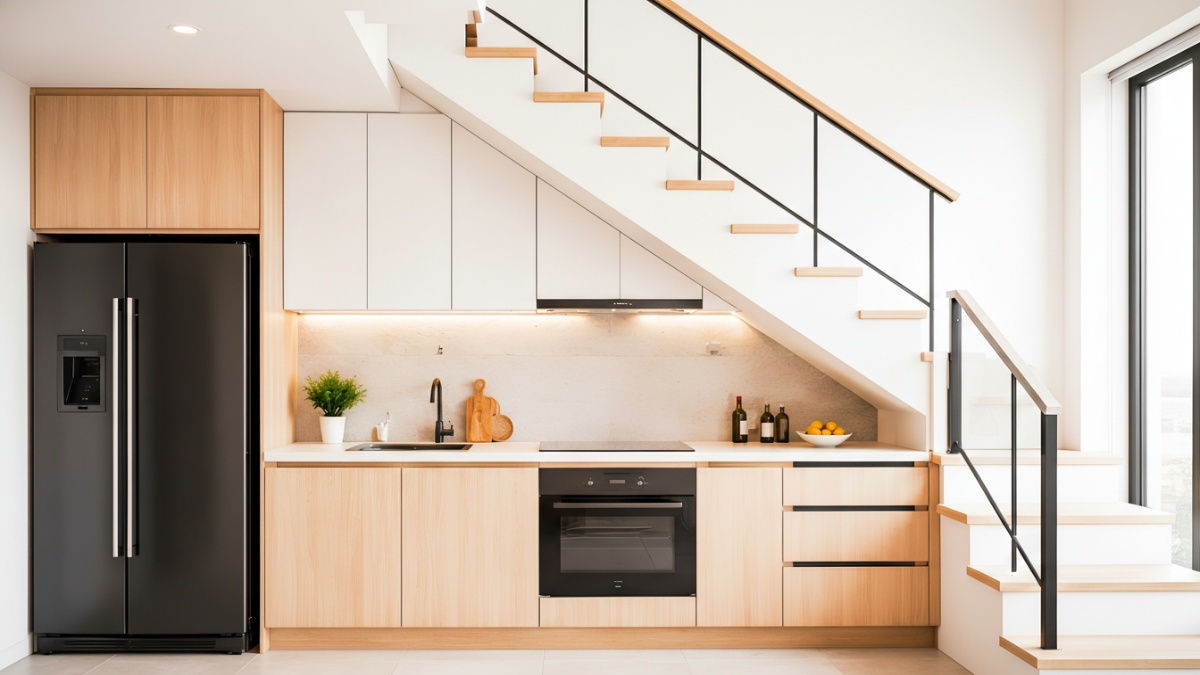 Dapur minimalis di bawah tangga dengan desain modern dan efisien.