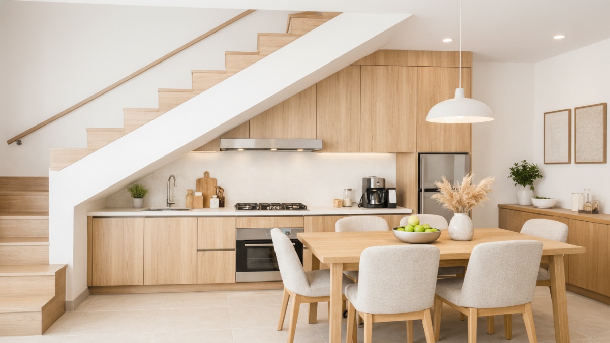 Dapur terbuka bawah tangga menyatu dengan ruang makan rumah minimalis.