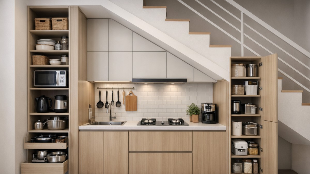Dapur minimalis di bawah tangga dengan fokus penyimpanan vertikal.
