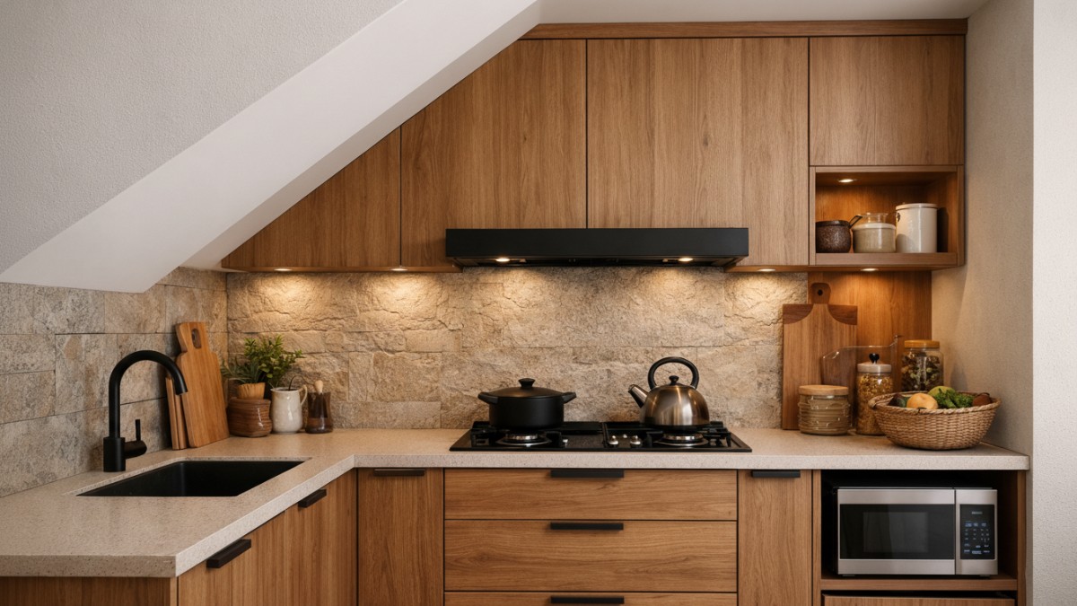 Dapur minimalis di bawah tangga bertekstur alami.