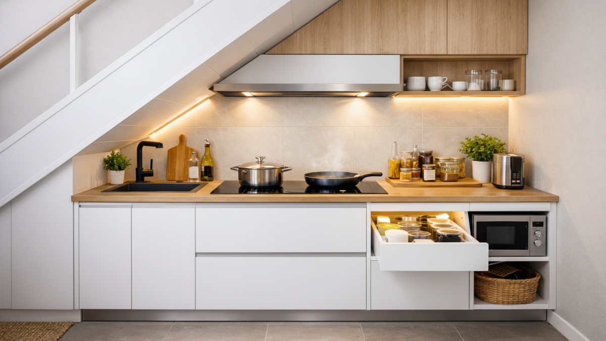 Dapur minimalis di bawah tangga dengan teknologi hemat energi.