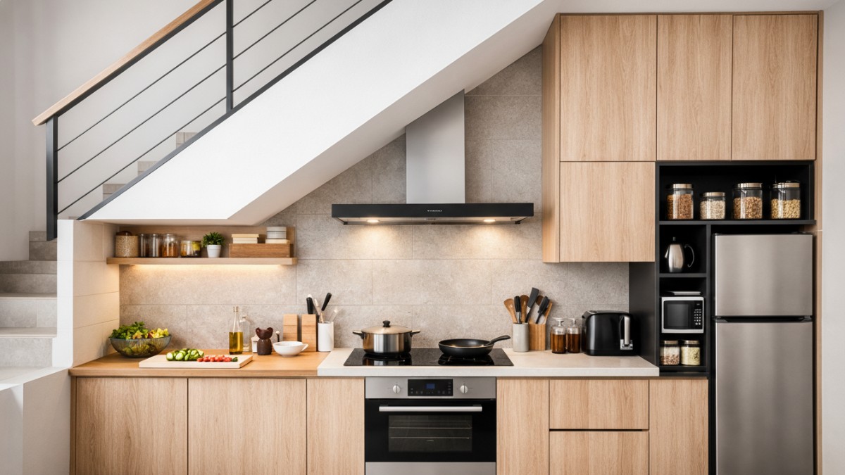 Dapur minimalis di bawah tangga dengan pembagian zona jelas.