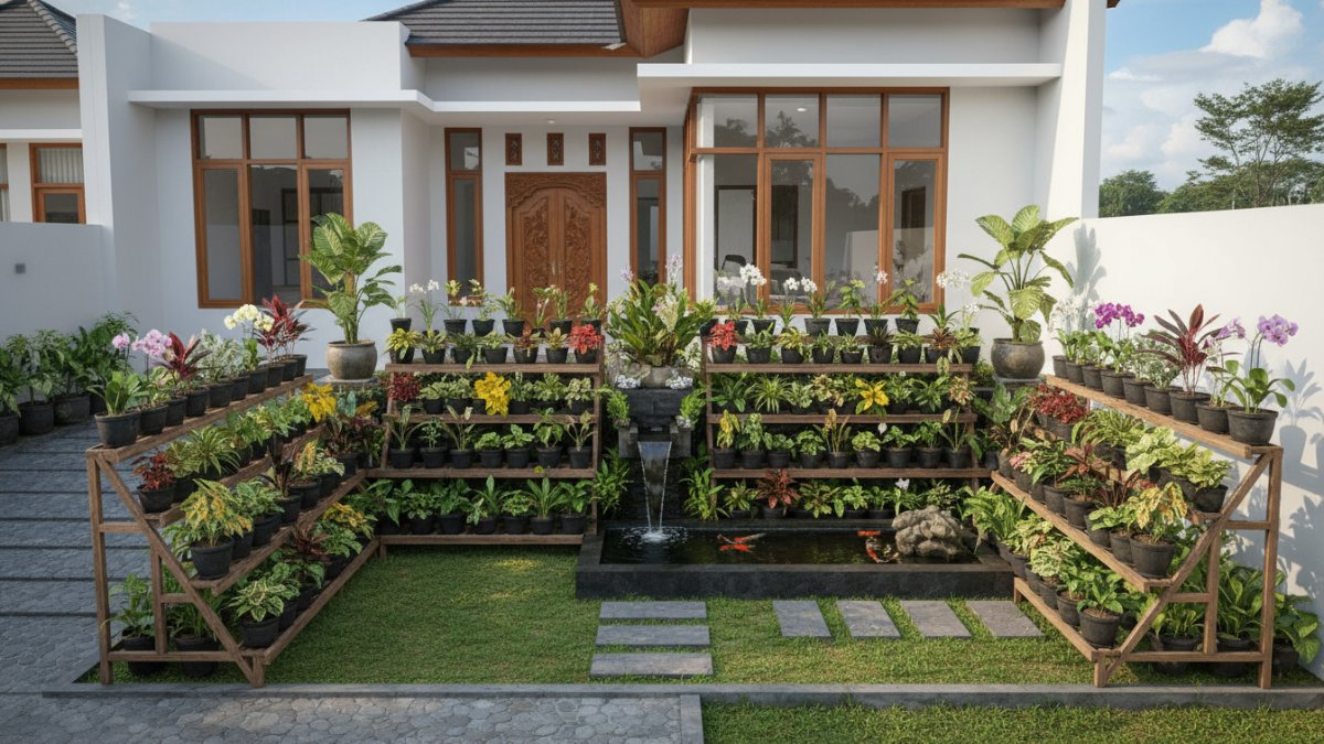 Halaman depan rumah dengan tanaman hias bertingkat rapi dan hijau sebagai fokus visual hunian.