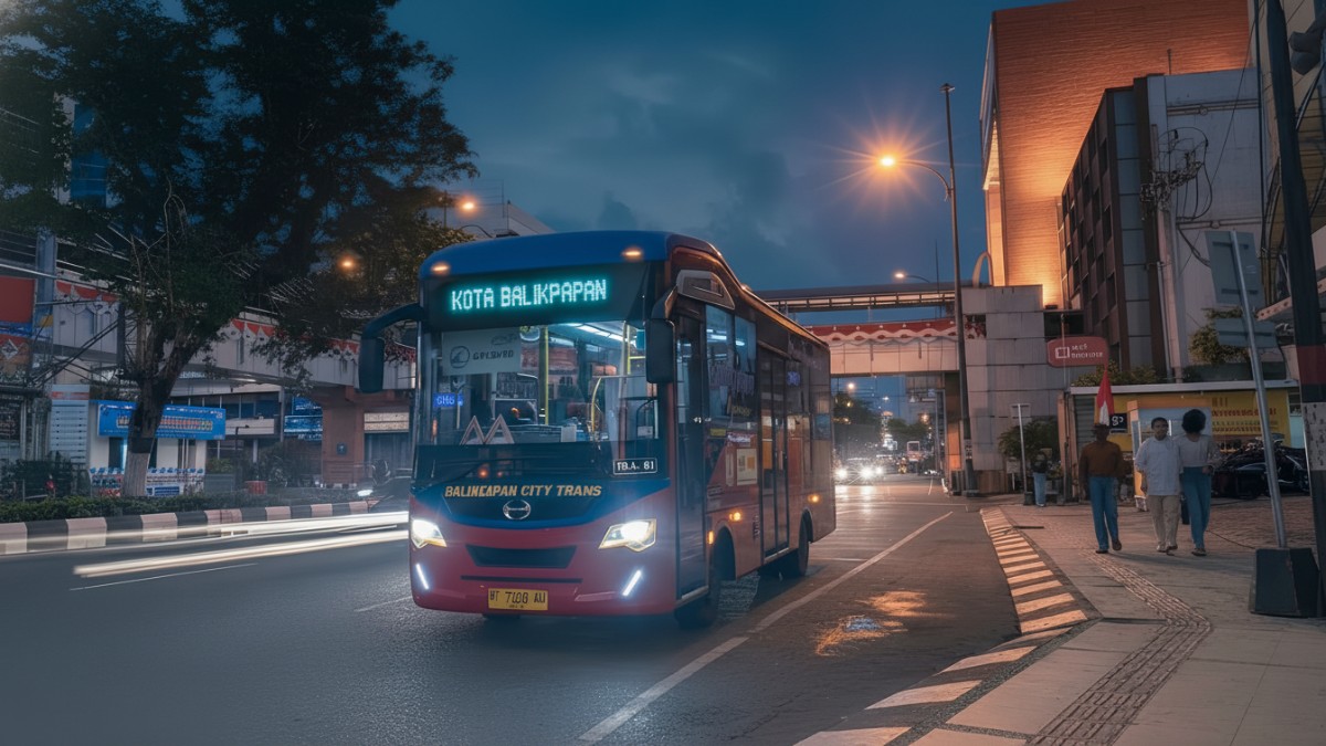 Bus Balikpapan City Trans (Bacitra) melintas di salah satu ruas jalan utama Kota Balikpapan.