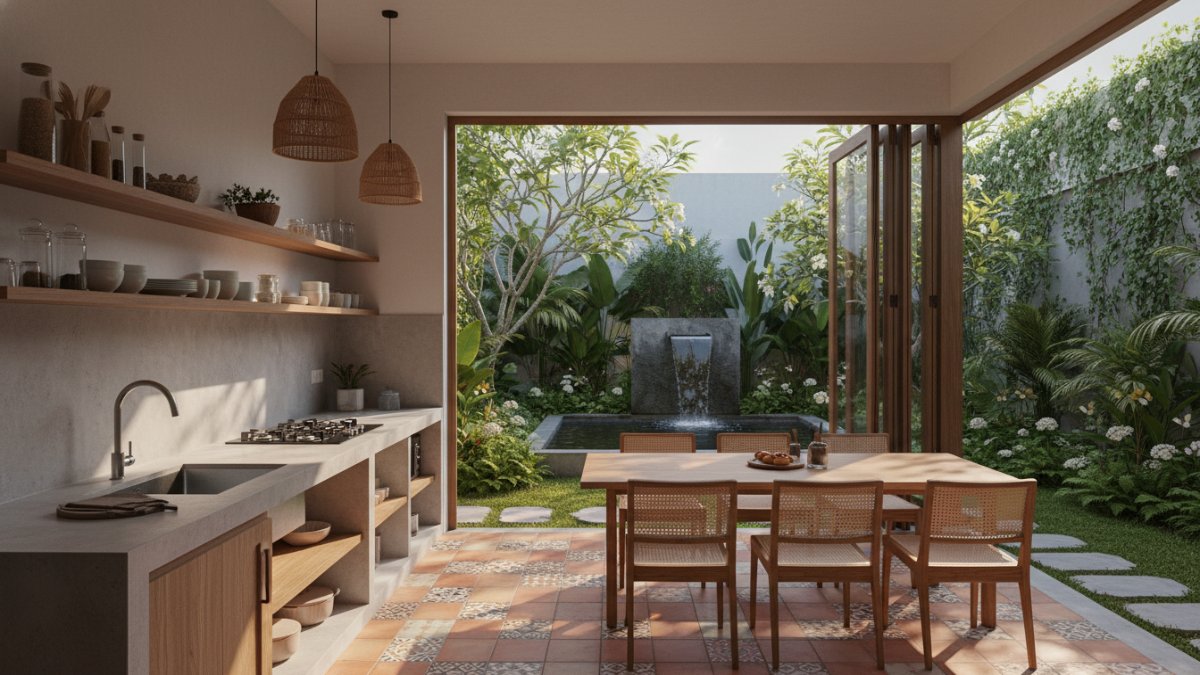 Bukaan lebar dapur menghadap taman tropis.
