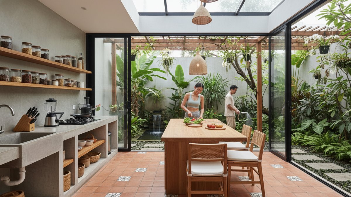 Dapur terbuka modern dengan taman hijau yang terhubung langsung.