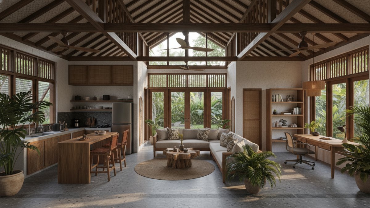 Interior rumah tropis dengan atap tanpa plafon dan rangka ekspos yang memberi kesan ruang tinggi.
