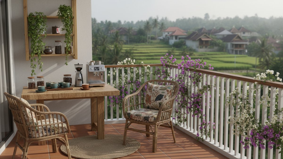 Coffee nook balkon kecil dengan furnitur mini, tanaman hijau, dan pencahayaan hangat.
