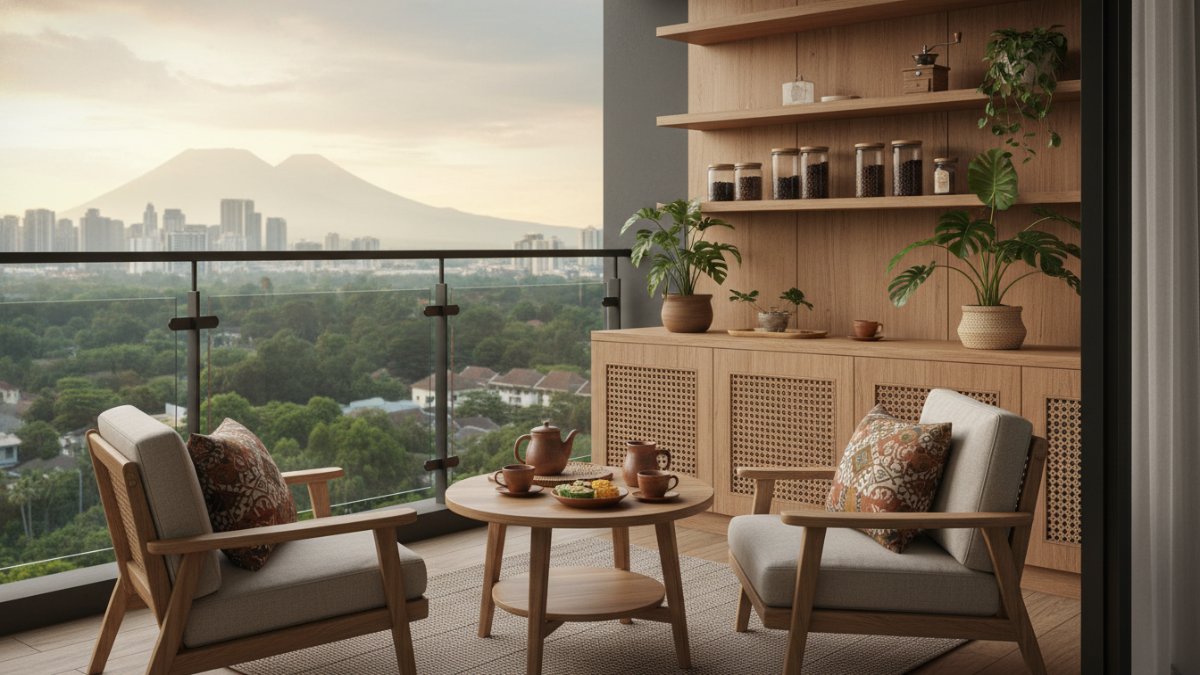 Warna netral dan tekstur alami di balkon kecil.