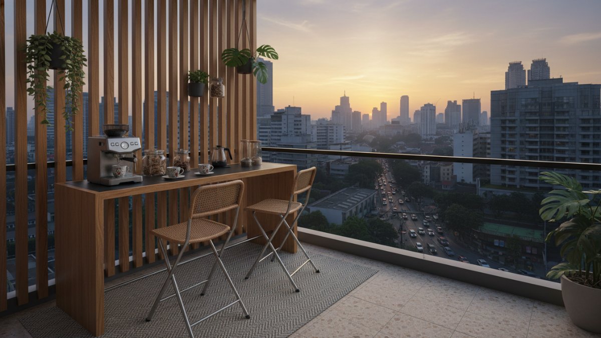 Meja kopi kecil dan kursi lipat di balkon mini.
