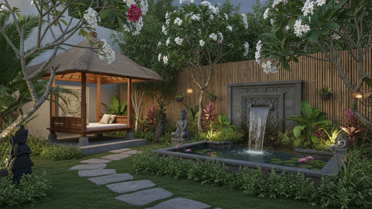 Taman belakang minimalis bernuansa tropis Bali dengan tanaman hijau dan material alami.