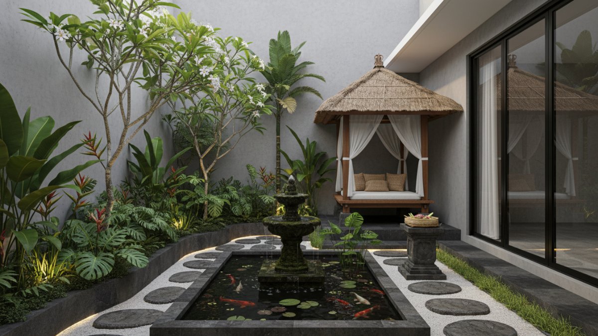 Material batu alam dan kayu sebagai identitas taman Bali modern.