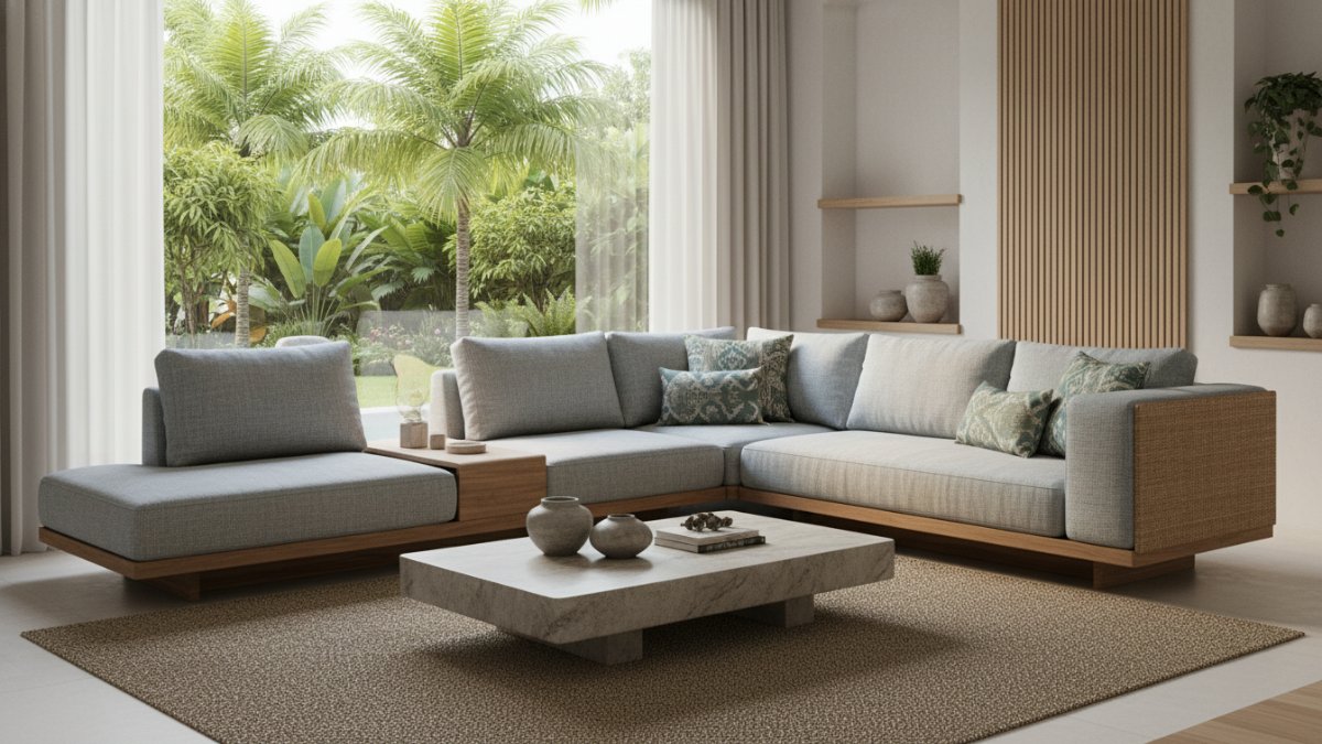 Sofa modular bentuk L-shape tersusun rapi di ruang tamu modern dengan konfigurasi fleksibel.