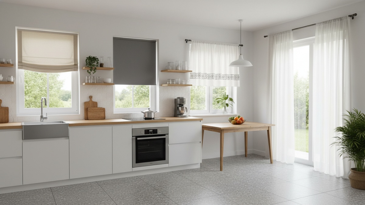 Roman shade terpasang rapi di jendela dapur dan Roller blind dapur dekat area wastafel