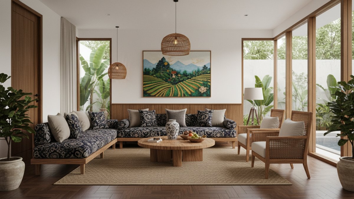 Sofa set elegan di ruang tamu luas dengan konfigurasi sectional dan warna netral sebagai pusat visual ruang Cess.