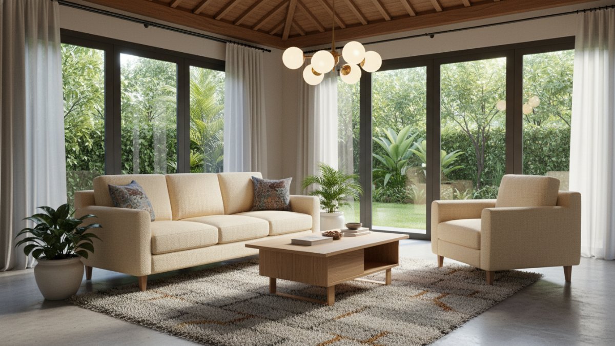 Sofa sectional membentuk zona duduk ruang tamu
