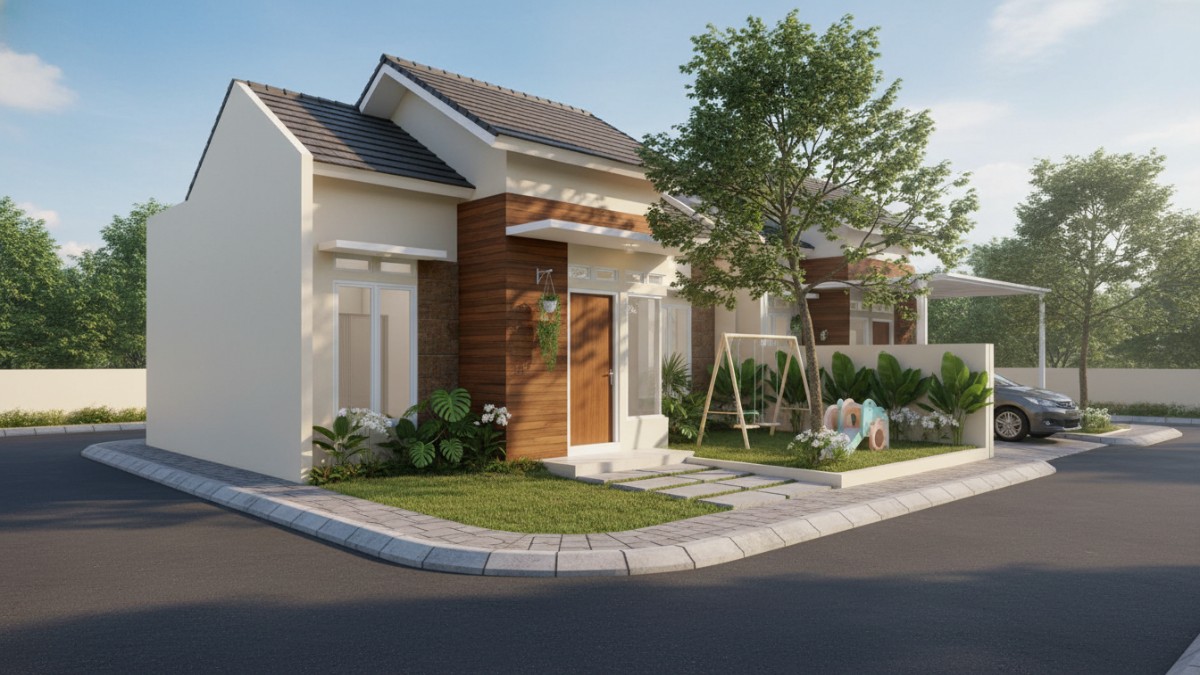 Tata ruang terbuka ruang keluarga dan dapur pada rumah hook subsidi.