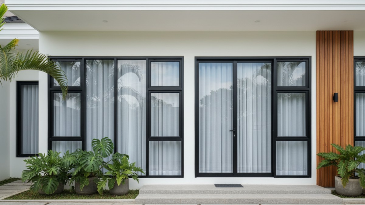Kusen pintu dan jendela aluminium pada rumah modern tropis dengan desain bersih dan terang.