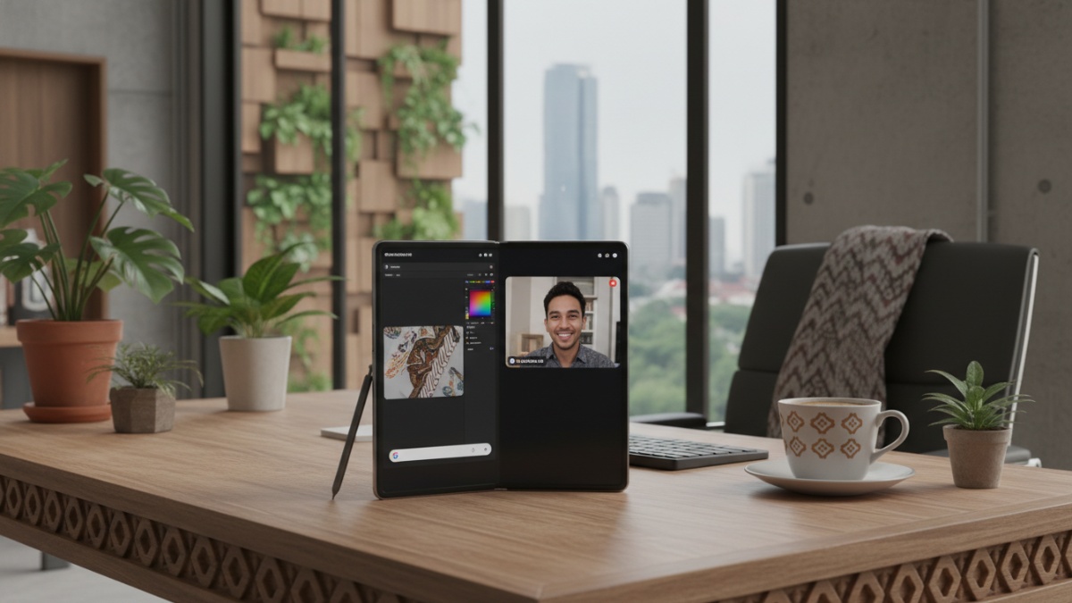 Ilustrasi penggunaan ponsel lipat saat bekerja digital di ruang modern.