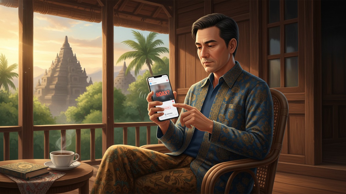 Ilustrasi pengguna ponsel memeriksa fakta video viral di media sosial.