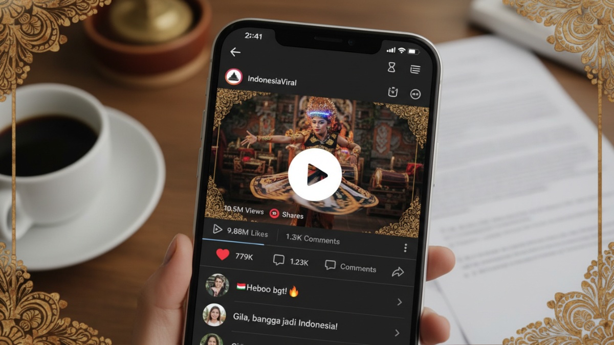 Tampilan feed media sosial dengan video viral yang ramai dibagikan.