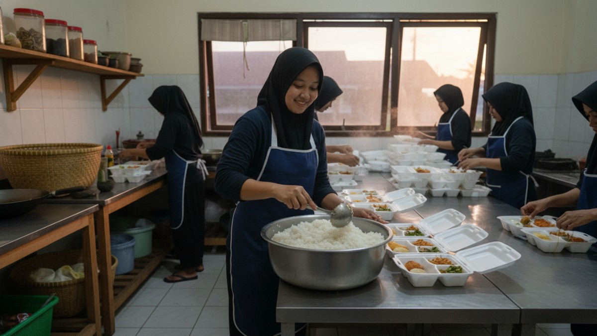 menata nasi ke dalam kotak