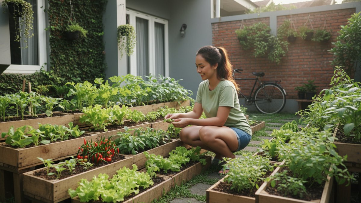 Susunan kebun sayur modular dari peti kayu bekas di halaman rumah urban.