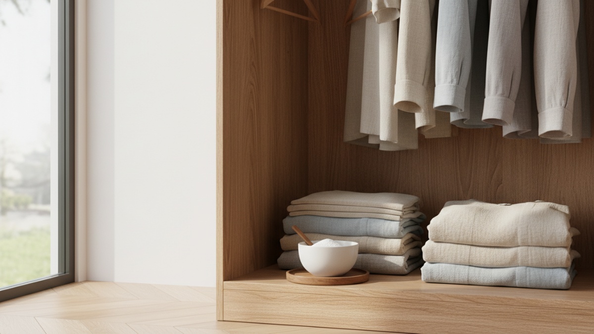 Wadah baking soda di sudut lemari baju sebagai penyerap aroma.