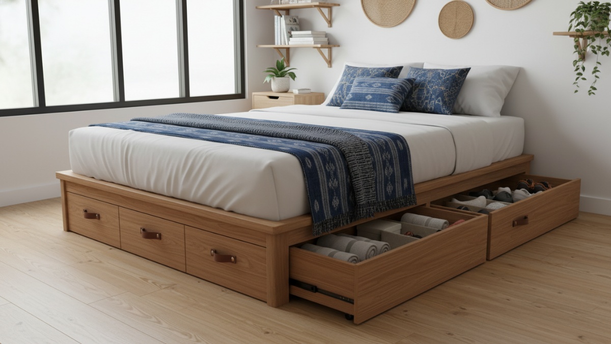 Ilustrasi storage bawah tempat tidur dengan laci dan kotak geser bikin kamar kecil rapi Cess